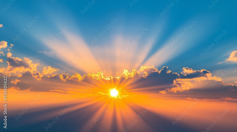 Poster brilliant rays of the setting sun illuminating a dramatic sky with gradient colors from deep blue to