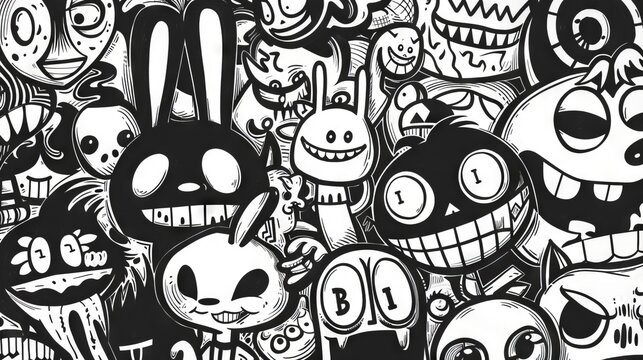 Black and White Doodle Art with Quirky Dunny Characters