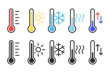 Measuring temperature thermometer in 2 variations with sun and snowflake signs. Vector icons in flat style