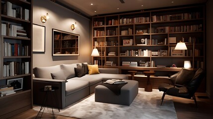 A modern and cozy reading corner with comfortable seating and lighting
