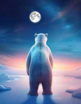 The lonely polar bear standing up on the ice and overlooking at the the full moon.