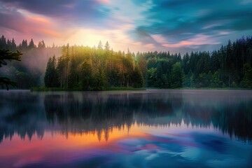 Fototapeta premium sun rays in the forest, Sunbeams pierce through dense foliage, spotlighting the stoic beauty of an age-old tree. Beautiful simple AI generated image