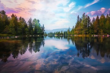Fototapeta premium Pine tree and lake in Kiyosumi-Park. Beautiful simple AI generated image