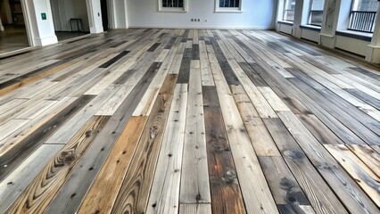 A spacious room features a beautifully patterned wooden floor.