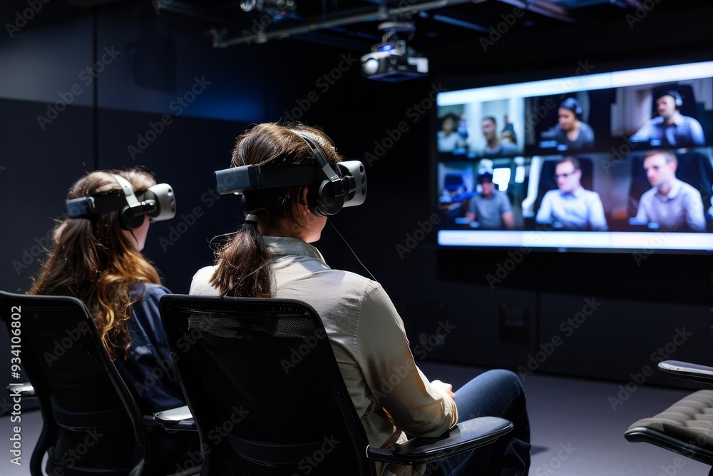 Aufkleber group of people sitting at table in front of large screen, an immersive virtual meeting platform con