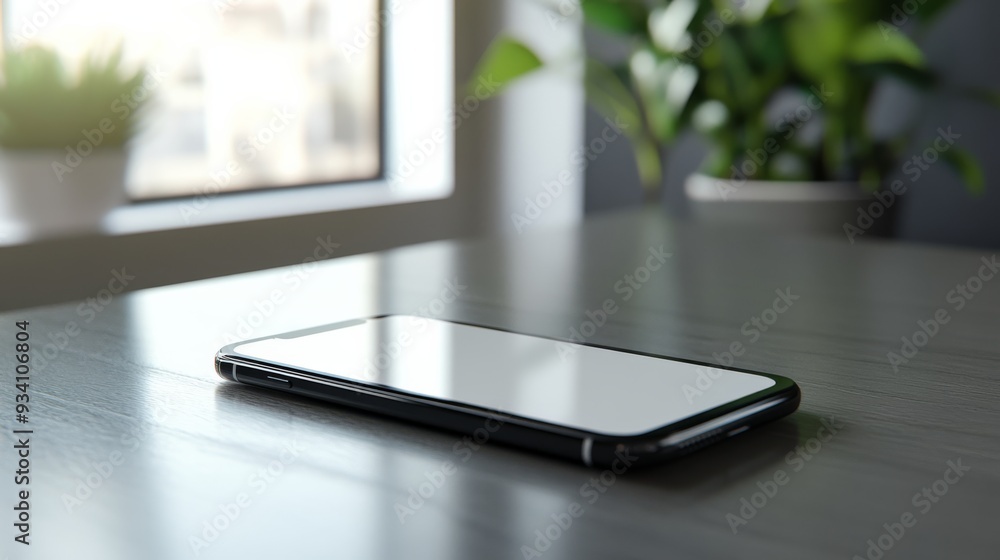 Fototapete Close-up of a modern smartphone lying on a desk with a blank display and an uncluttered backdrop
