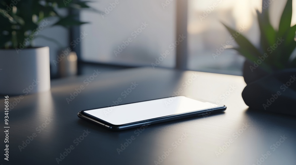 Poster Close-up of a modern smartphone lying on a desk with a blank display and an uncluttered backdrop