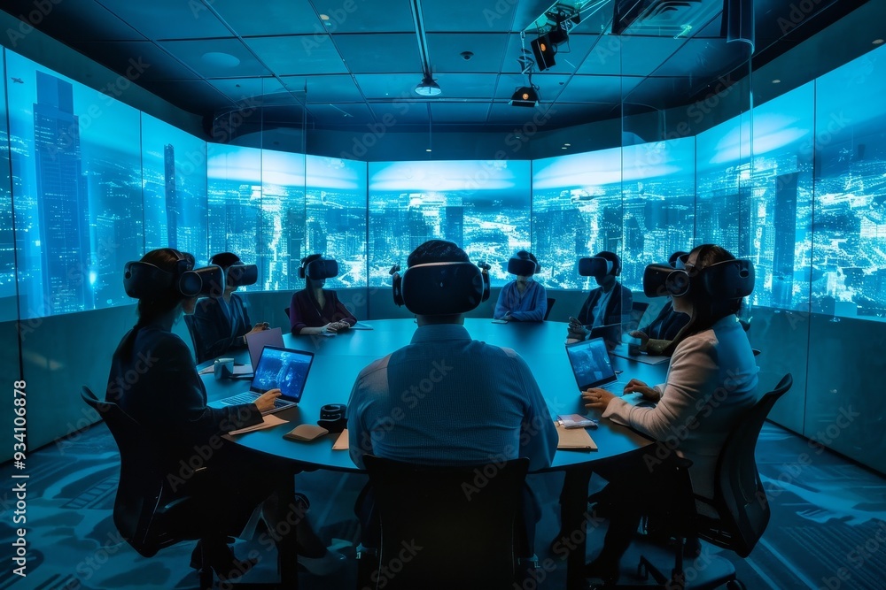Aufkleber group of people sitting at table in front of large screen, An immersive virtual meeting platform connects colleagues from around the world in lifelike environments