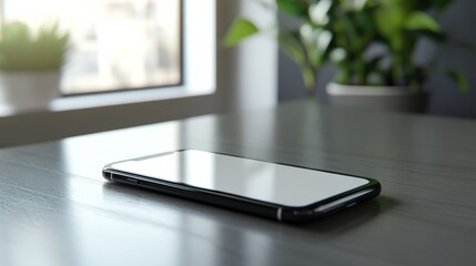Close-up of a modern smartphone lying on a desk with a blank display and an uncluttered backdrop