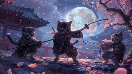 Naklejka premium Three Ninja Cats in a Japanese Garden.