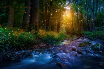 Obraz premium sun rays in the forest, Sunbeams pierce through dense foliage, spotlighting the stoic beauty of an age-old tree. Beautiful simple AI generated image