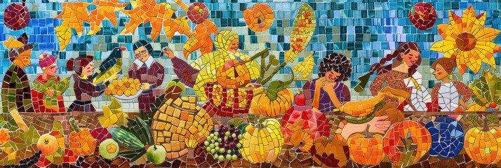 Fototapeta premium mosaic style illustration depicting a Thanksgiving scene, using small colorful tiles to form images of harvest, feasting, and seasonal elements