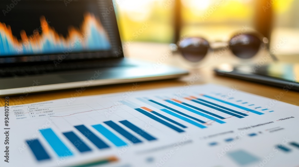 Poster close-up of financial charts, graphs, and a laptop with a clean desk background. close-up photo with