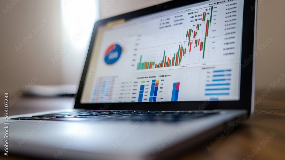 Poster close-up of financial charts, graphs, and a laptop with a clean desk background. close-up photo with