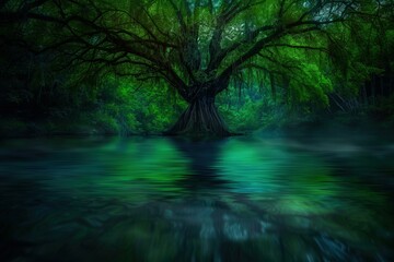 Obraz premium Pine tree and lake in Kiyosumi-Park. Beautiful simple AI generated image