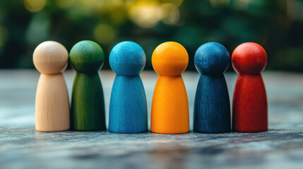 Naklejka premium Colorful wooden figures symbolizing unity in diversity (DEIB)