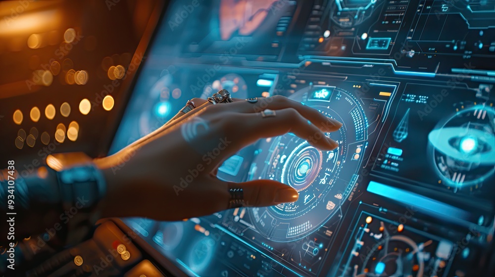 Leinwandbilder person using laptop computer with futuristic interface, An intuitive interface with intuitive gestures for easy navigation
