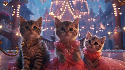 Three Kittens Dressed in Pink Gowns Looking Up at Christmas Lights.