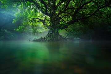 Obraz premium Pine tree and lake in Kiyosumi-Park. Beautiful simple AI generated image
