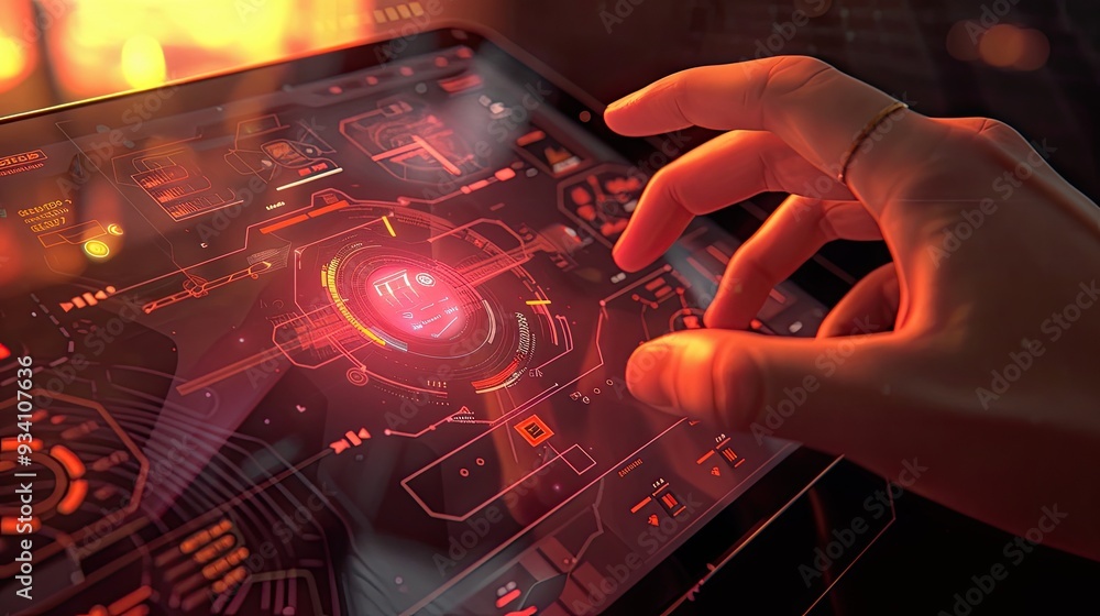 Poster person using laptop computer with futuristic interface, An intuitive interface with intuitive gestures for easy navigation