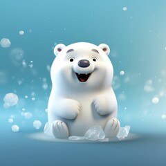 Cute cartoon polar bear character sitting on ice with a cheerful expression against a blue background