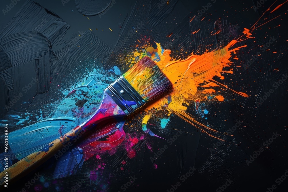 Fototapete paintbrush with colorful paint splatters on it, paintbrush with vibrant splashes of color, represent