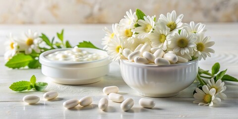 Chamomile Flower, Cream and Pills Still Life, White Flowers, White Cream, White Pills, Still Life Photography, Natural Remedies