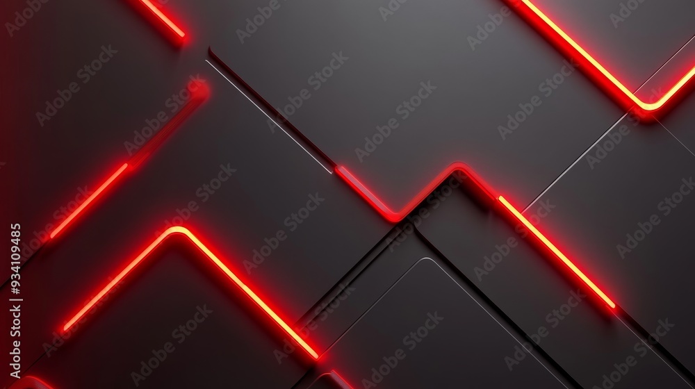 Poster a modern abstract design featuring sleek black surfaces with glowing red lines, creating a dynamic v