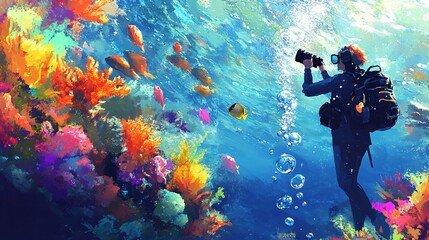 A marine biologist examining coral reefs underwater, surrounded by colorful marine life, with bubbles rising to the surface