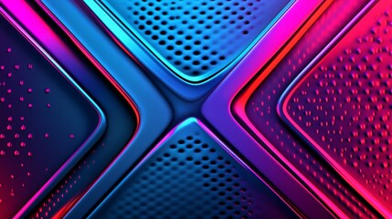 A vibrant, abstract design featuring a blend of blue and pink hues with textured surfaces and geometric shapes.