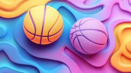 Fototapeta premium A vibrant illustration featuring two basketballs on a colorful abstract background, emphasizing sports and playful design.
