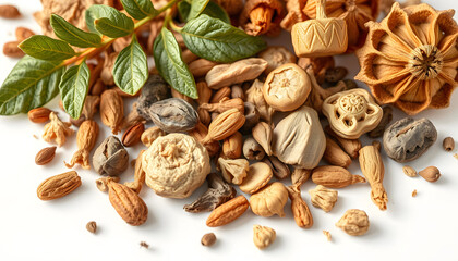 Dried traditional chinese medicine ingredients isolated with white highlights, png