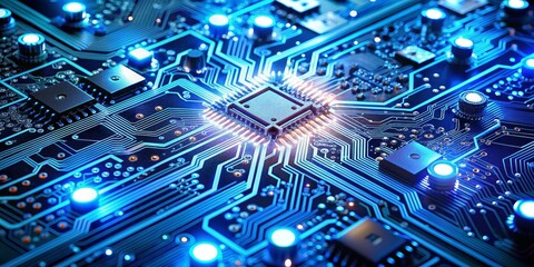 Blue Circuit Board with Glowing Processor, Technology , Electronics , Motherboard , Hardware