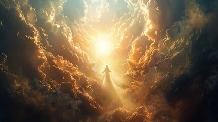 A silhouette of person ascends towards a glowing light through dramatic, golden clouds, evoking spiritual and heavenly themes with a sense of divinity and transcendence.