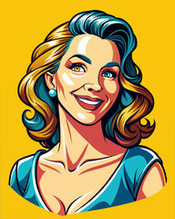 Beautiful happy woman in pop art style on yellow background