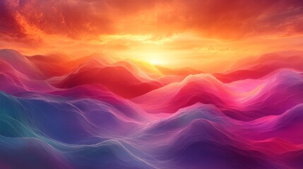 Obraz premium Colorful abstract waves under a dramatic sunset sky, vibrant digital art. Surreal landscape concept