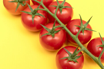 Red cherry tomatoes with green branch on yellow background	