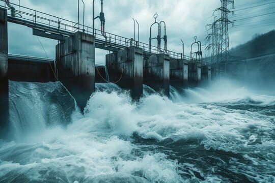 large body of water with bridge in the background, surrealistic portrait of hydroelectric energy transformation process, capturing water energy turning into electricity