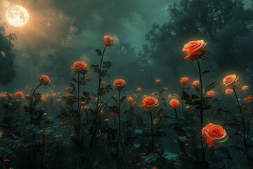 bunch of pink roses in field, surreal scenery of giant roses glowing under the moonlight