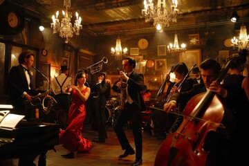 group of people dancing in room, swanky 1920s speakeasy with flapper dancers and jazzy band