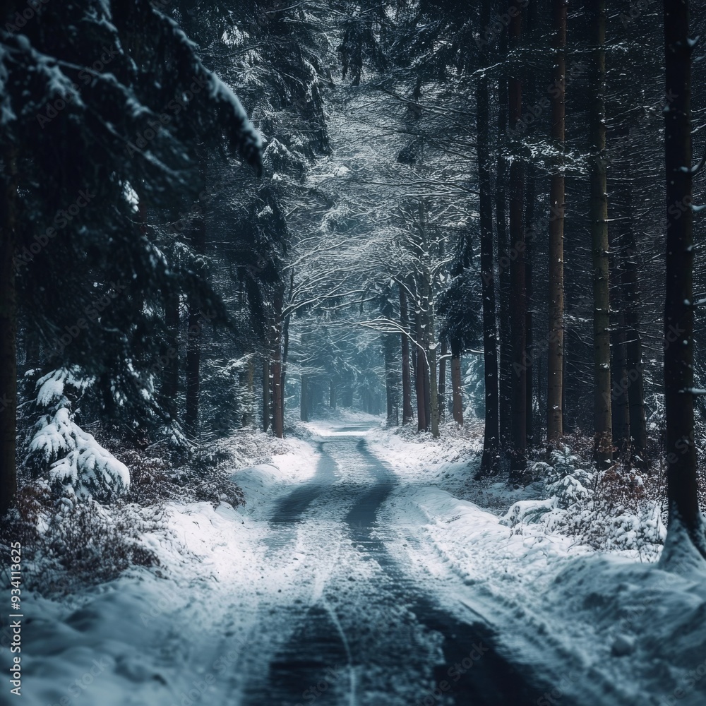 Aufkleber frozen road through a dense winter forest with snow clinging to the branches and a subtle snowfall i