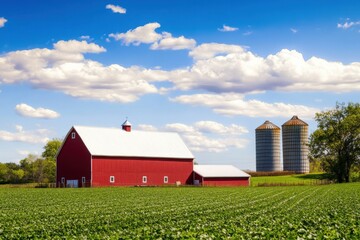 Obraz premium A vivid red barn and silos amidst green fields under a bright blue sky with scattered clouds.