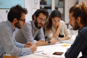 three men standing in front of computer screen, team of colleagues collaborating on project, brainstorming ideas together