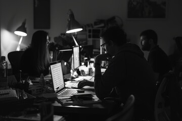 group of people sitting at table with laptops, networking event with industry professionals