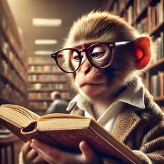 Smart Monkey Engineer – Adorable and Quirky Art Print of a Monkey Inspecting Blueprints with Magnifying Glass