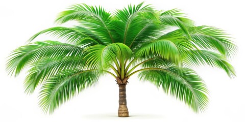 Obraz premium A Single Coconut Palm Tree with Lush Green Fronds on a White Background, Palm Tree, Tropical Plant, Summer Vacation, Isolated