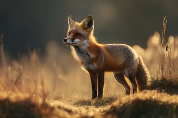Fototapeta premium A fox stands gracefully in a serene, sunlit natural setting with golden brown hues.