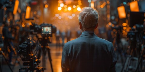Fototapeta premium Man Facing Cameras in a Filming Studio
