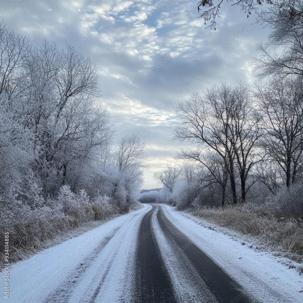 Aufkleber icy road with a light layer of snow, surrounded by frosted trees and a cloudy, winter sky
