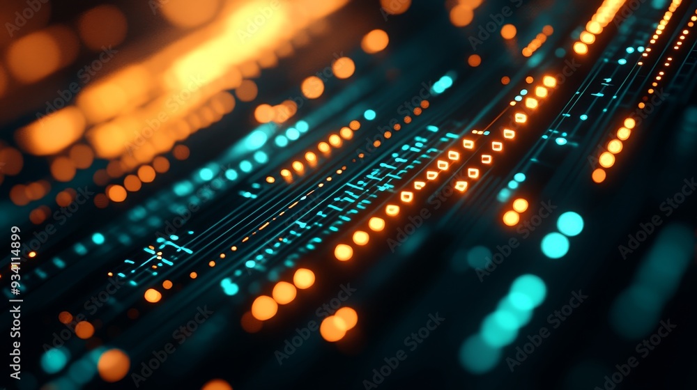 Poster abstract technology background with orange and blue lights - a close-up view of an abstract technolo